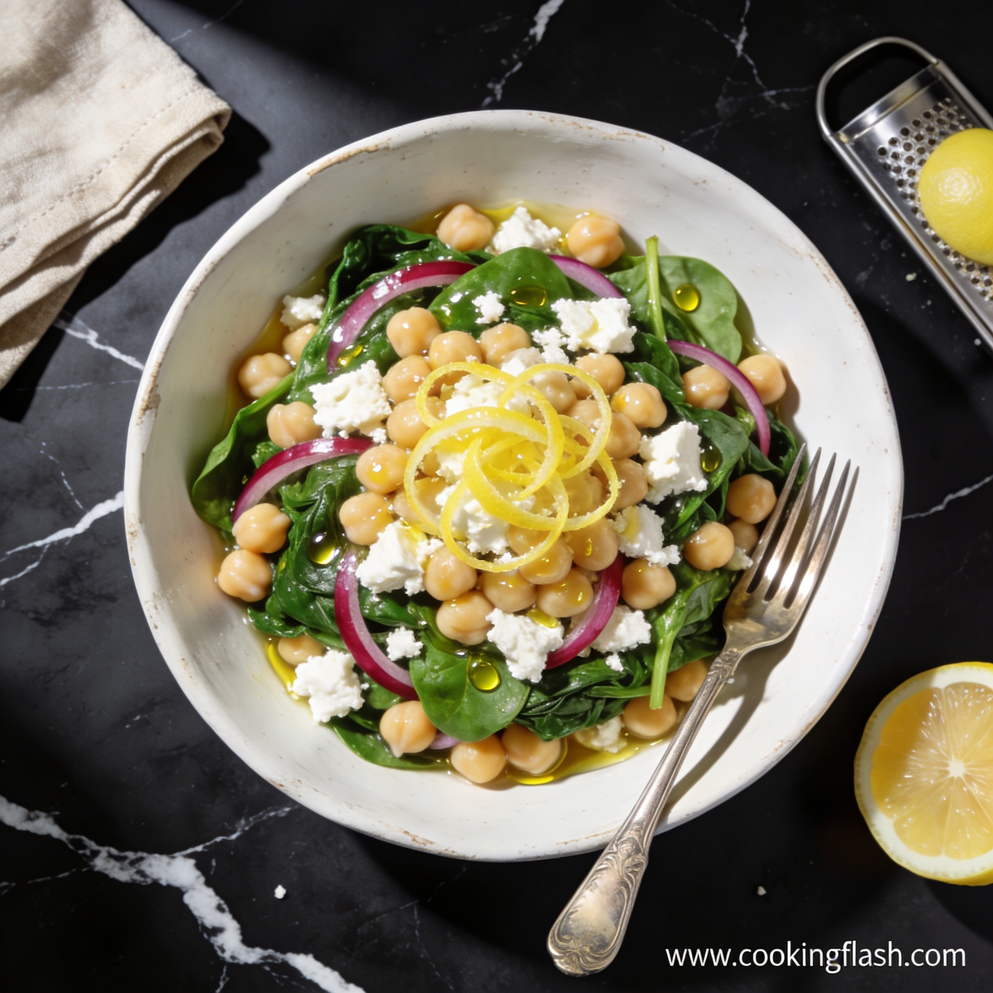 Beautifully plated high protein chickpea and spinach salad with lemon zest on black marble countertop