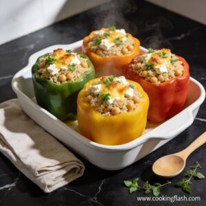 gluten free quinoa stuffed bell peppers with goat cheese hero shot — beautifully plated general recipe on black marble countertop
