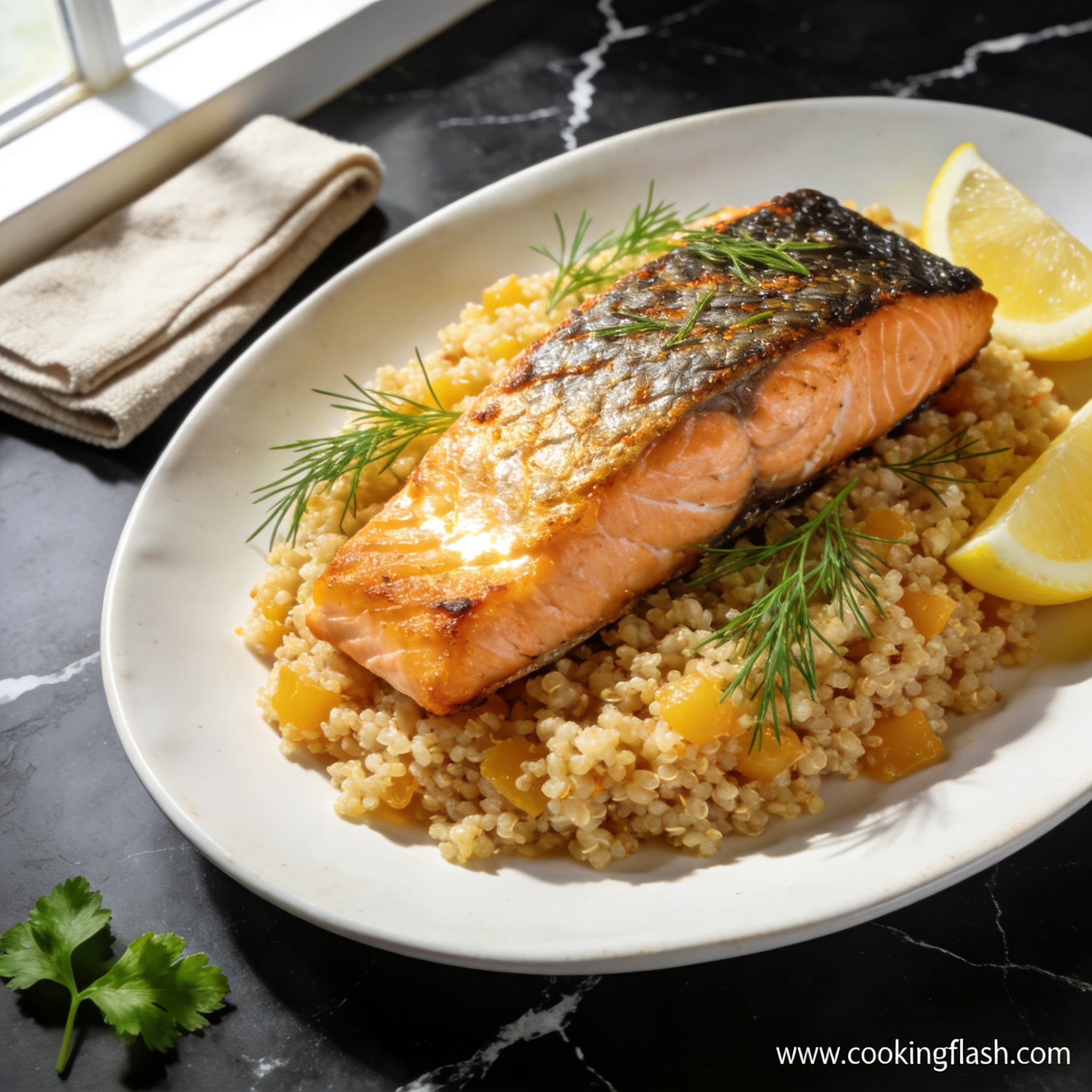 Beautifully plated gluten free pan seared salmon with quinoa and lemon on black marble countertop