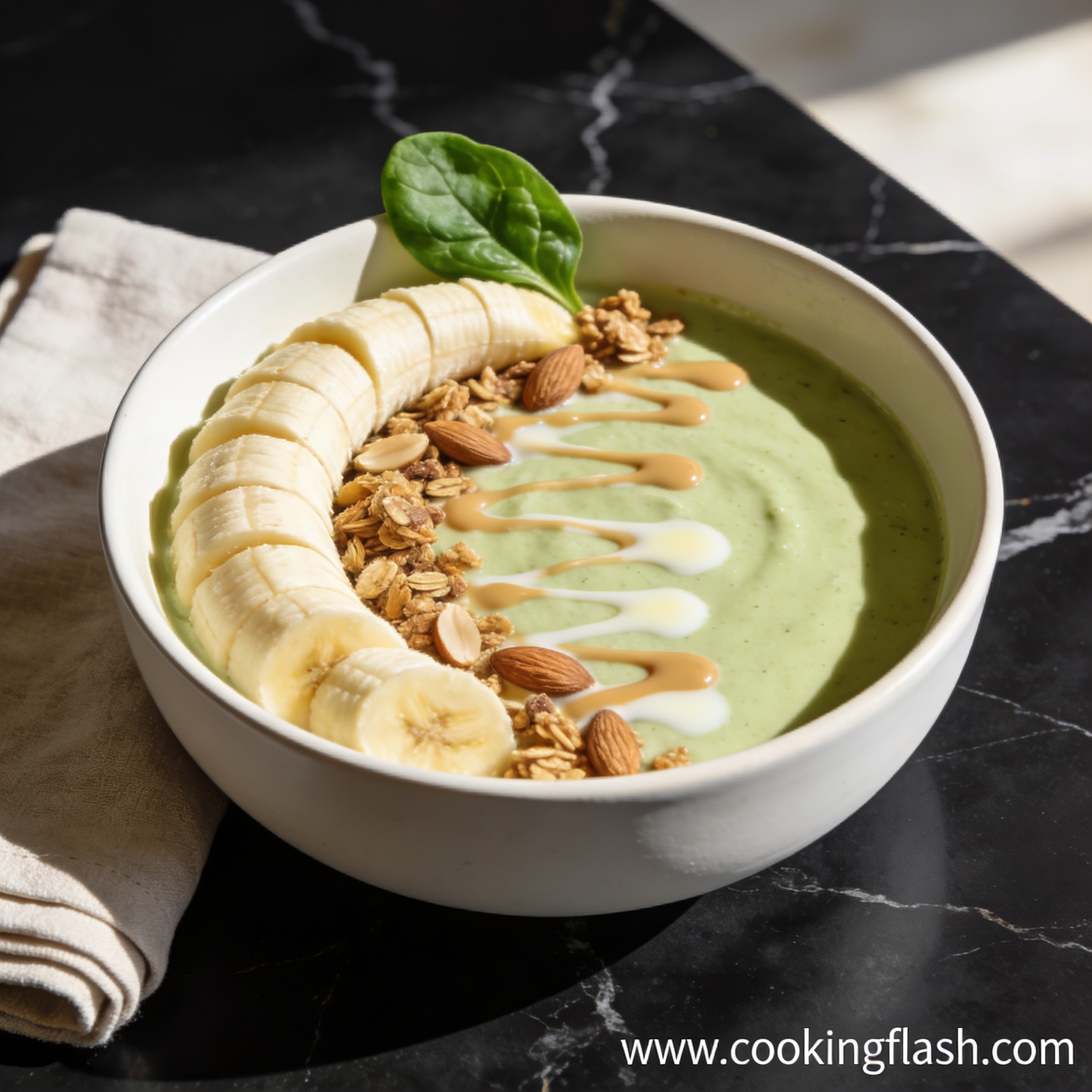 Beautifully styled high protein smoothie bowl with almond milk and vanilla topped with banana and granola on black marble countertop