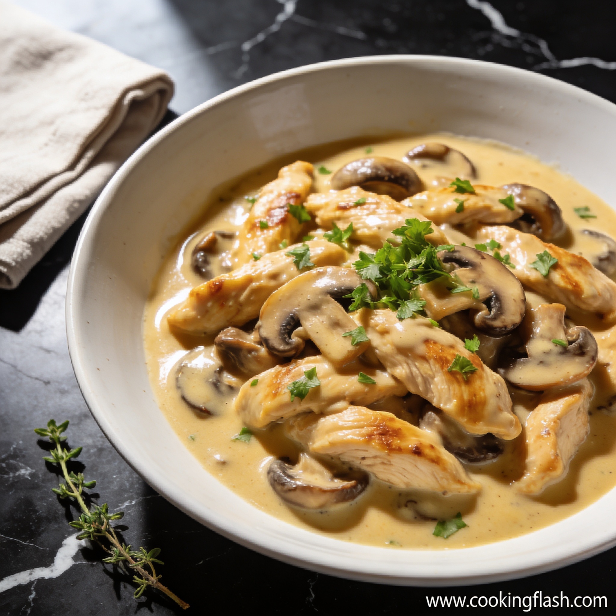 high protein chicken and mushroom stroganoff with coconut milk hero shot — creamy plated dish on black marble
