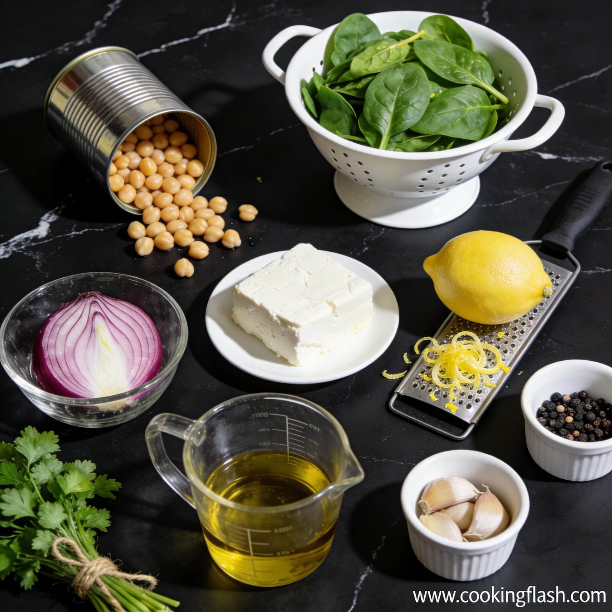 All ingredients for high protein chickpea and spinach salad with lemon zest arranged in proper containers on black marble
