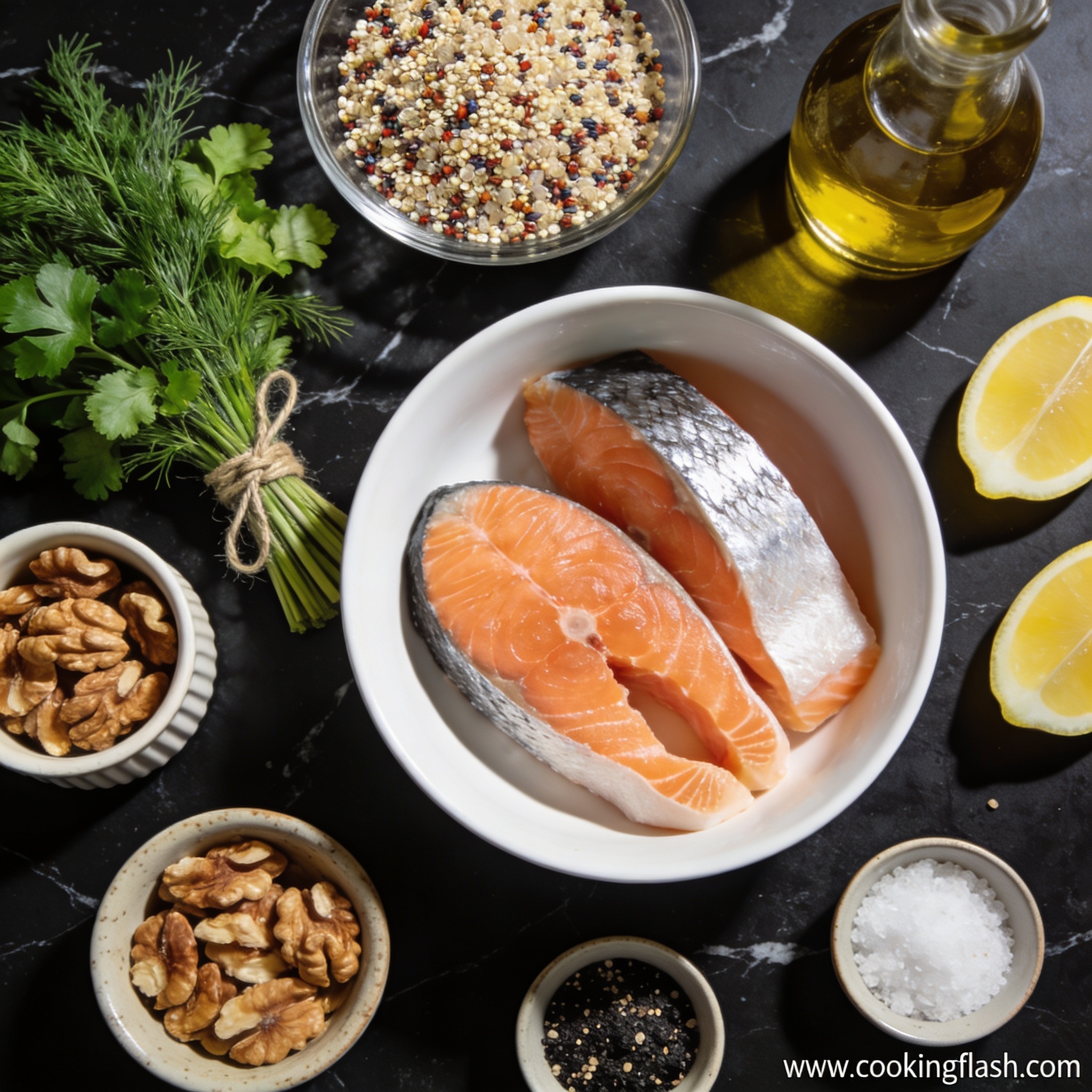Raw ingredients for high protein grilled salmon and quinoa salad with walnuts including salmon fillets, uncooked quinoa, walnut halves, and fresh herbs arranged on black marble
