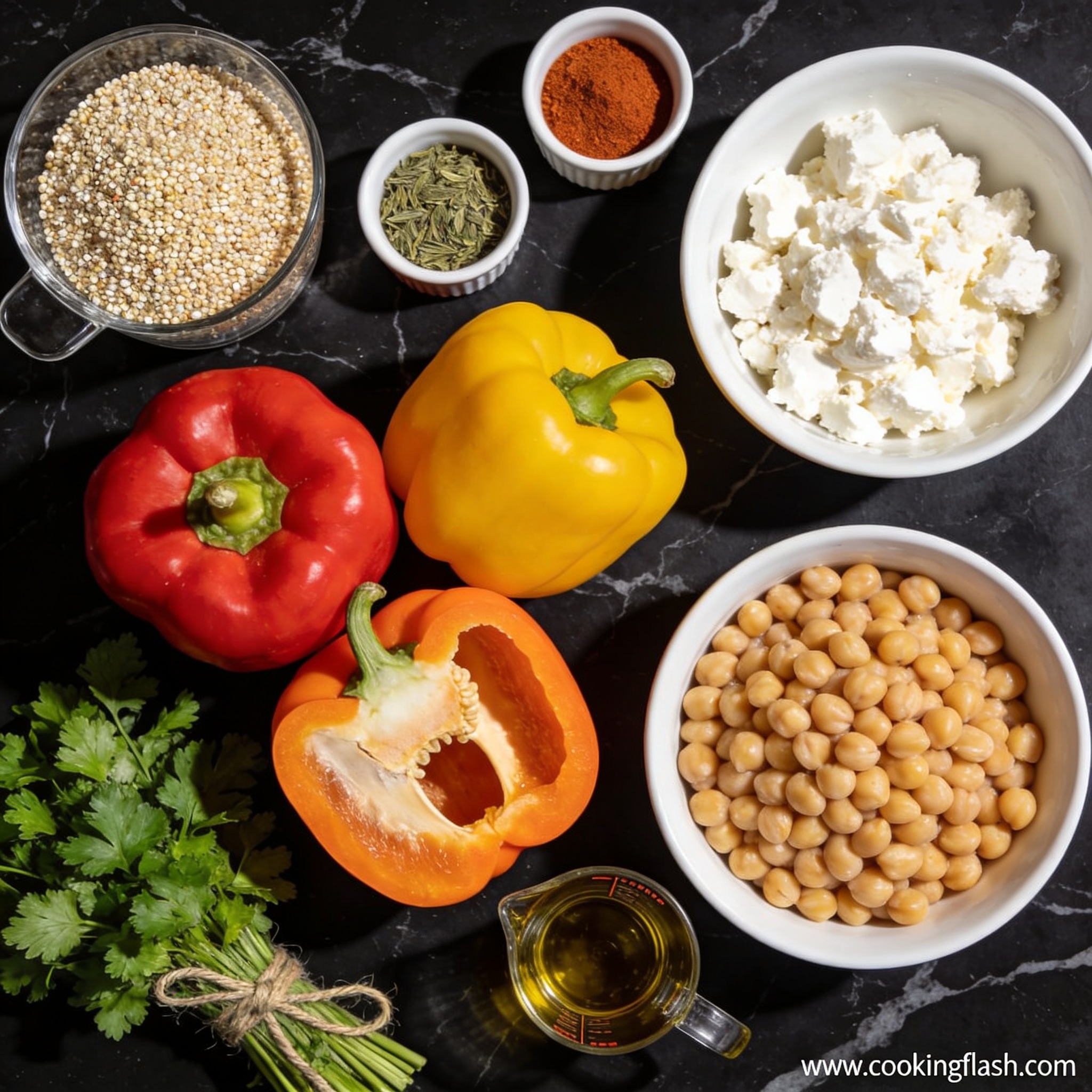 All ingredients for gluten free quinoa stuffed bell peppers with goat cheese arranged in proper containers on black marble