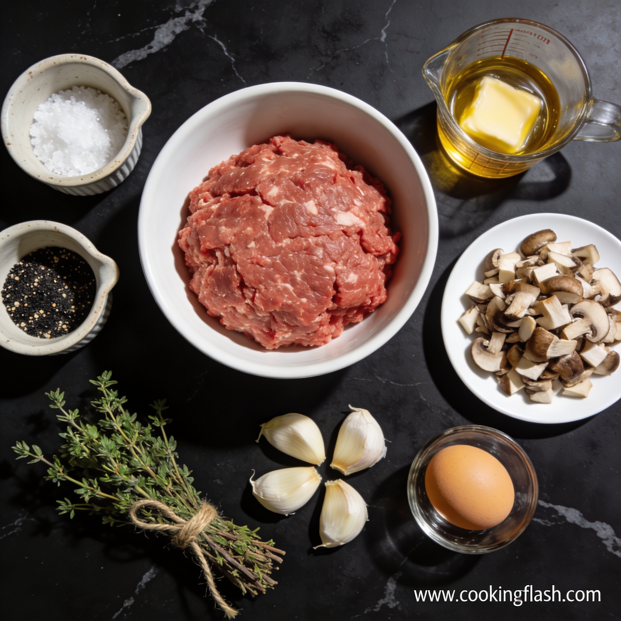 Raw ingredients for high protein beef and mushroom meatballs with garlic butter meticulously arranged in proper containers on black marble