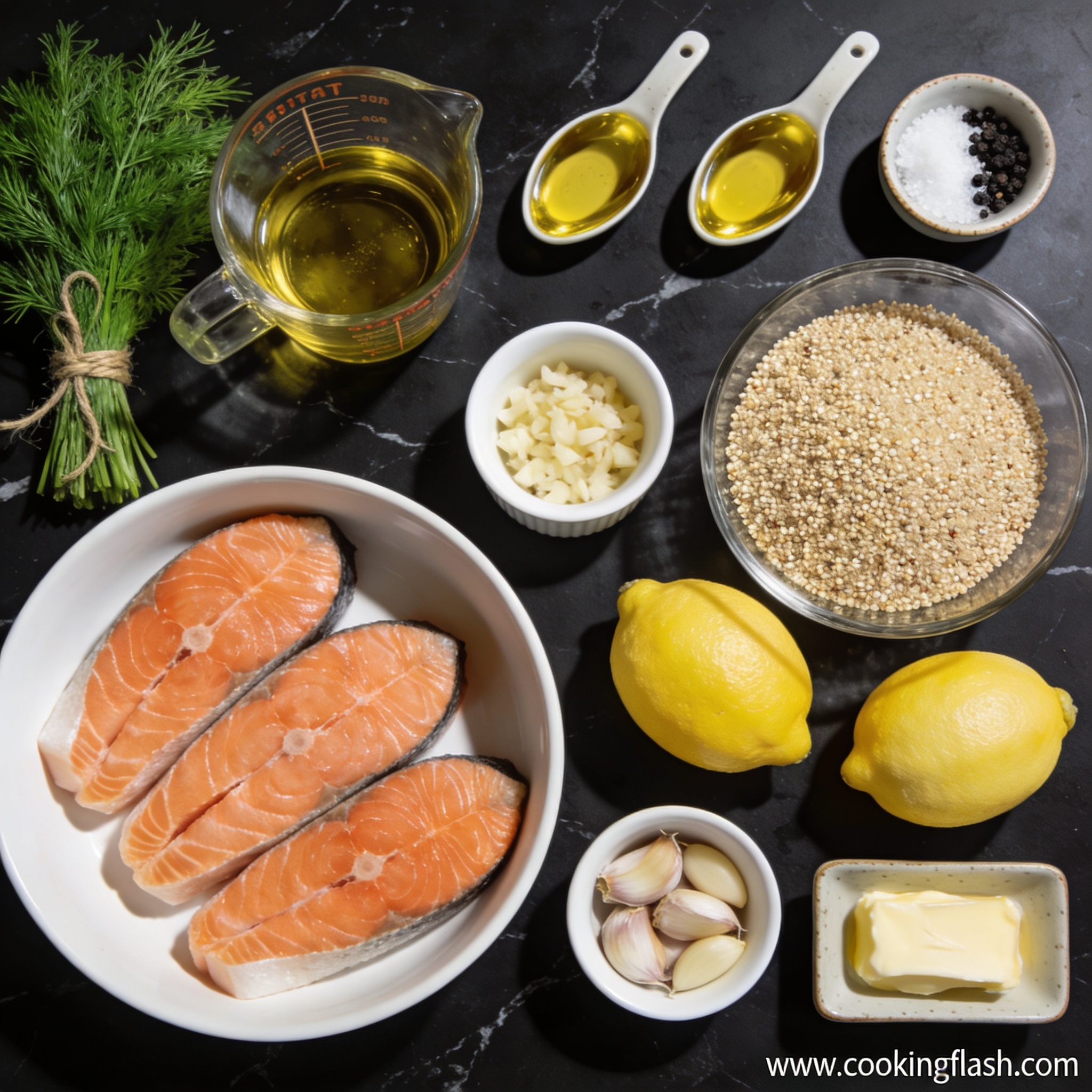 Raw ingredients for gluten free pan seared salmon with quinoa and lemon arranged in proper containers on black marble countertop