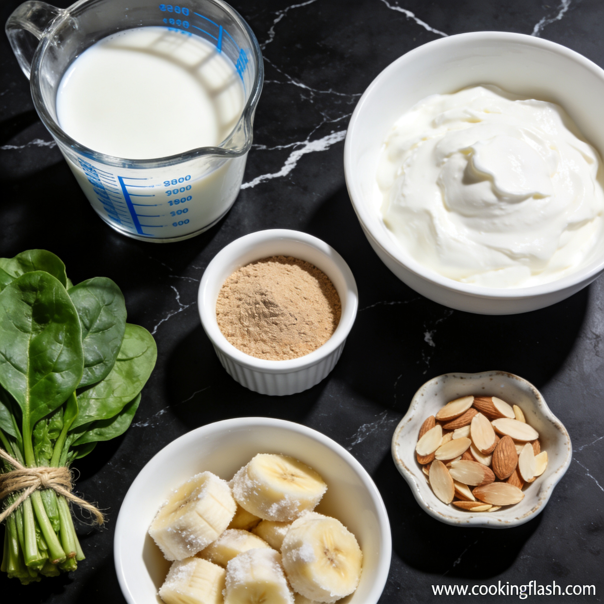 Flat lay of high protein smoothie bowl ingredients including almond milk, vanilla protein powder, Greek yogurt, frozen banana, and spinach in white bowls and glass containers on black marble