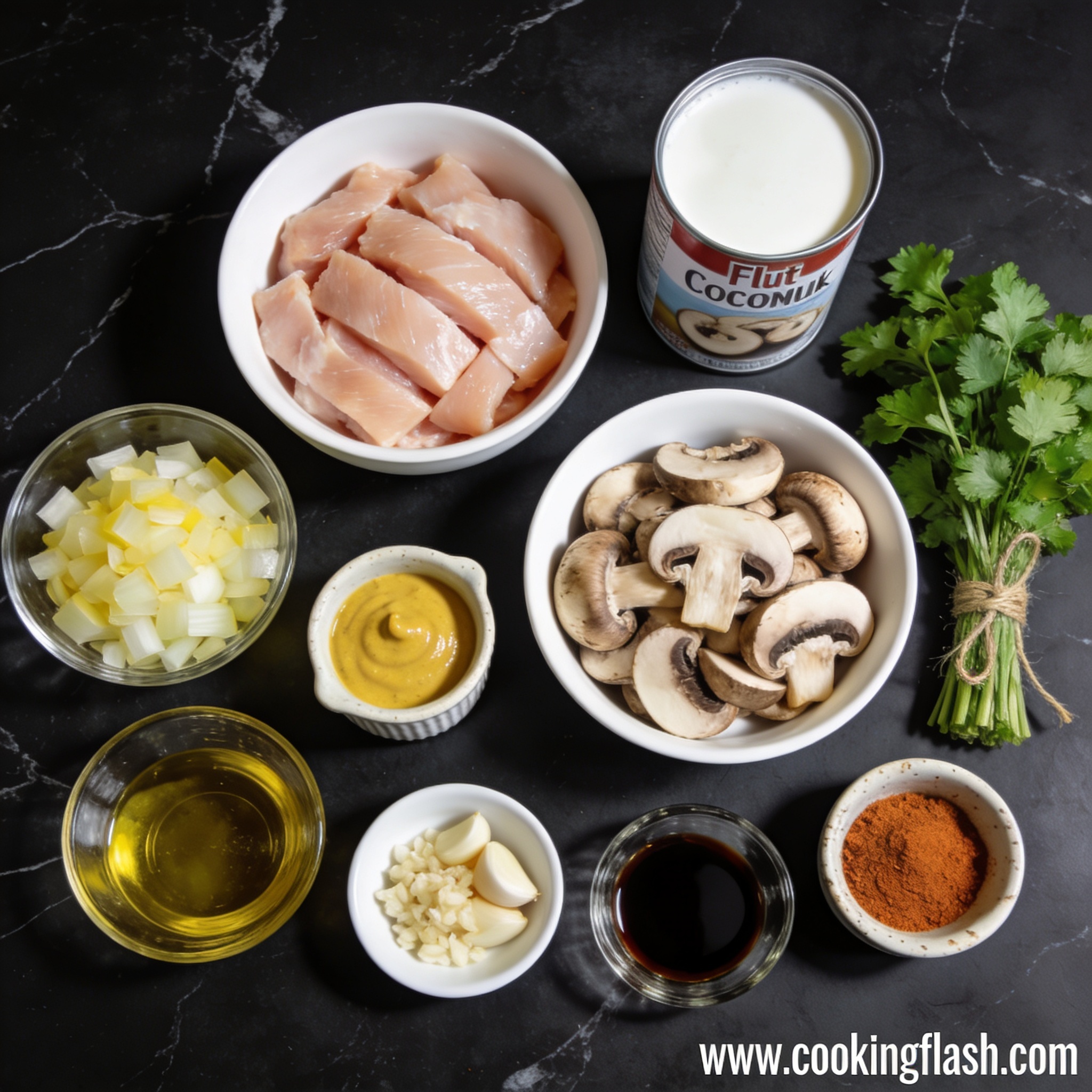 Raw ingredients for high protein chicken and mushroom stroganoff with coconut milk arranged in proper containers on black marble
