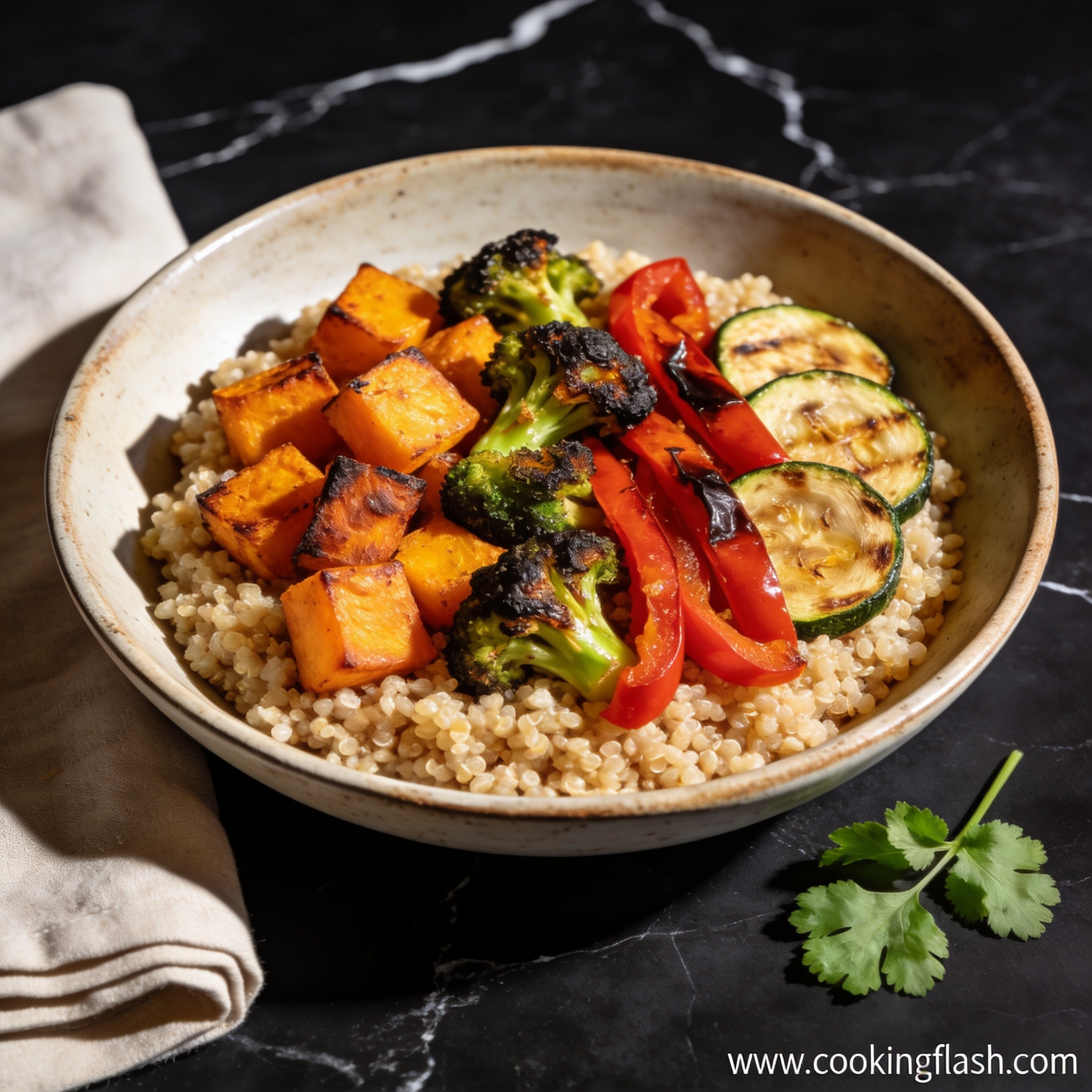 roasted air fryer vegetable quinoa bowl with coconut milk hero shot — beautifully plated general recipe on black marble countertop
