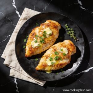 Perfectly cooked air fryer crispy chicken breast with garlic butter on black plate over black marble