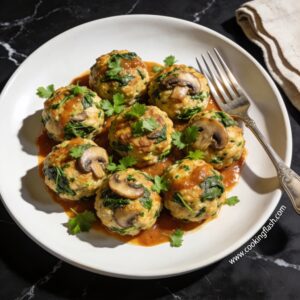 Beautifully plated gluten free chicken and mushroom meatballs with spinach on black marble