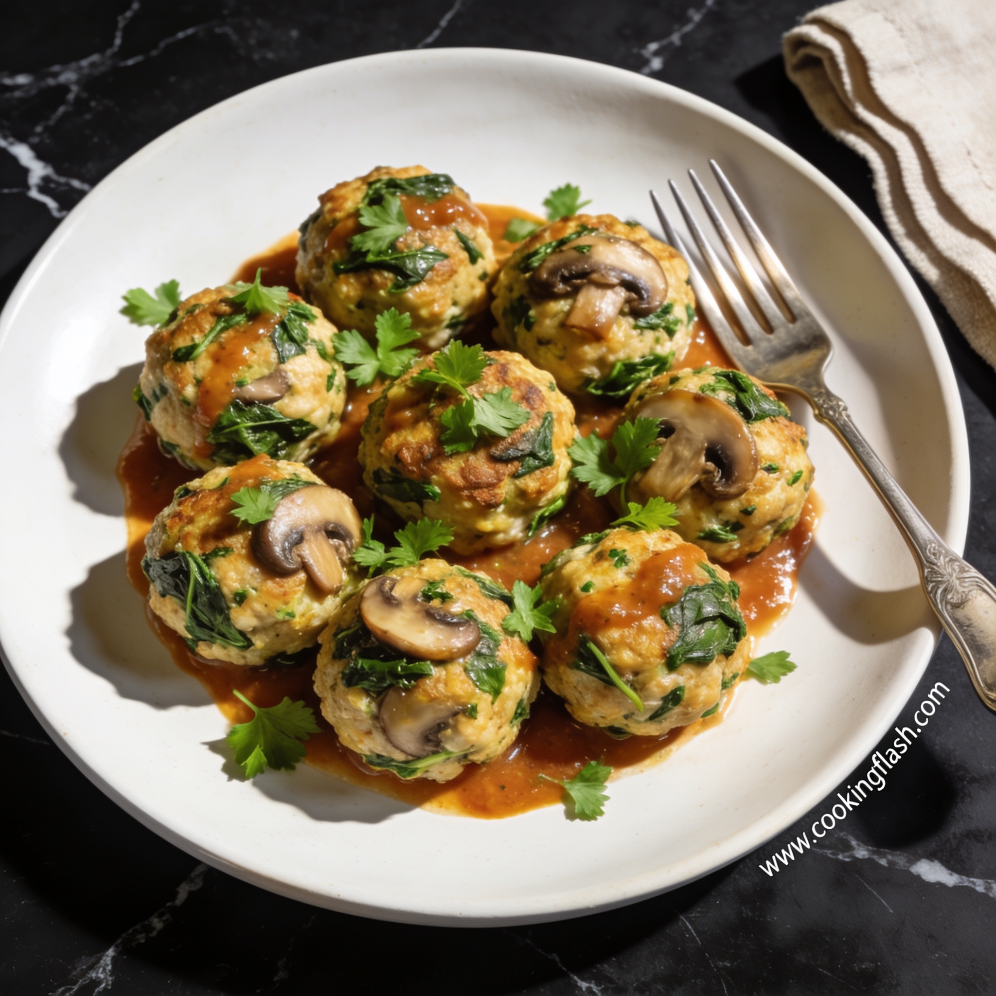 Beautifully plated gluten free chicken and mushroom meatballs with spinach on black marble