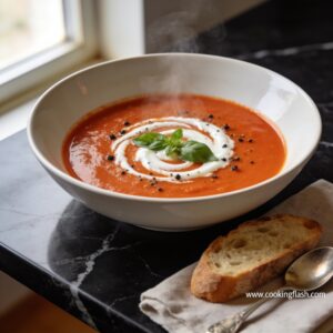 high protein creamy tomato soup with coconut milk hero shot — beautifully plated general recipe on black marble countertop