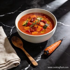 Beautifully plated gluten free roasted vegetable soup with sun dried tomatoes in white bowl on black marble with steam rising