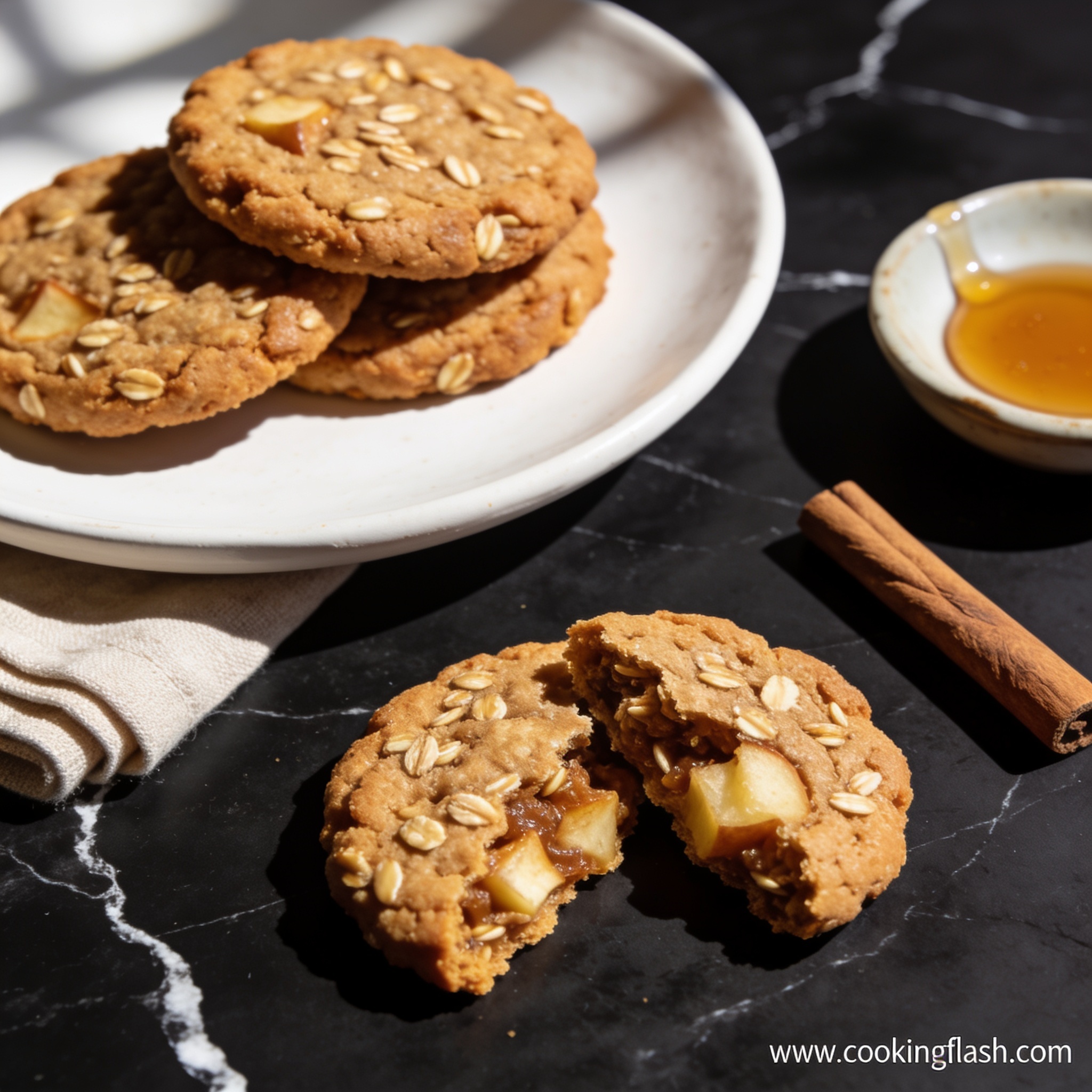 Beautifully styled air fryer cinnamon apple oatmeal cookies with honey stacked on white plate over black marble countertop