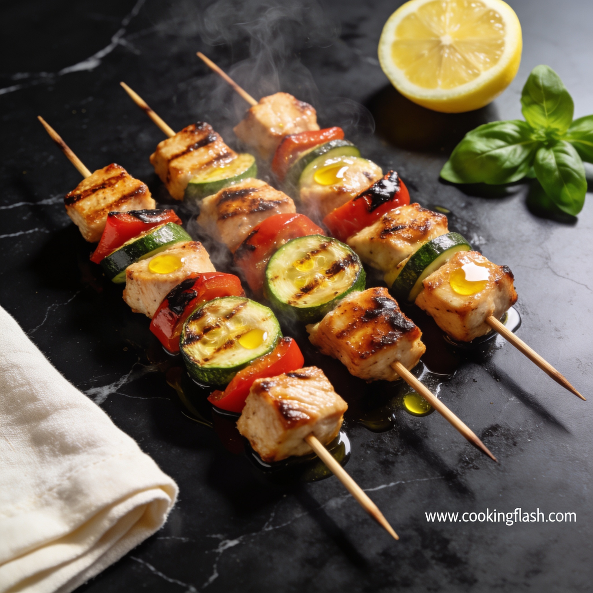 gluten free chicken and vegetable kebabs with zucchini hero shot — beautifully plated general recipe on black marble countertop