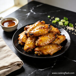 Glazed honey air fryer chicken wings hero shot on black marble with linen and garnish