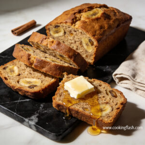 easy gluten free banana bread recipe with honey hero shot showing sliced loaf with melting butter and honey drizzle on black marble