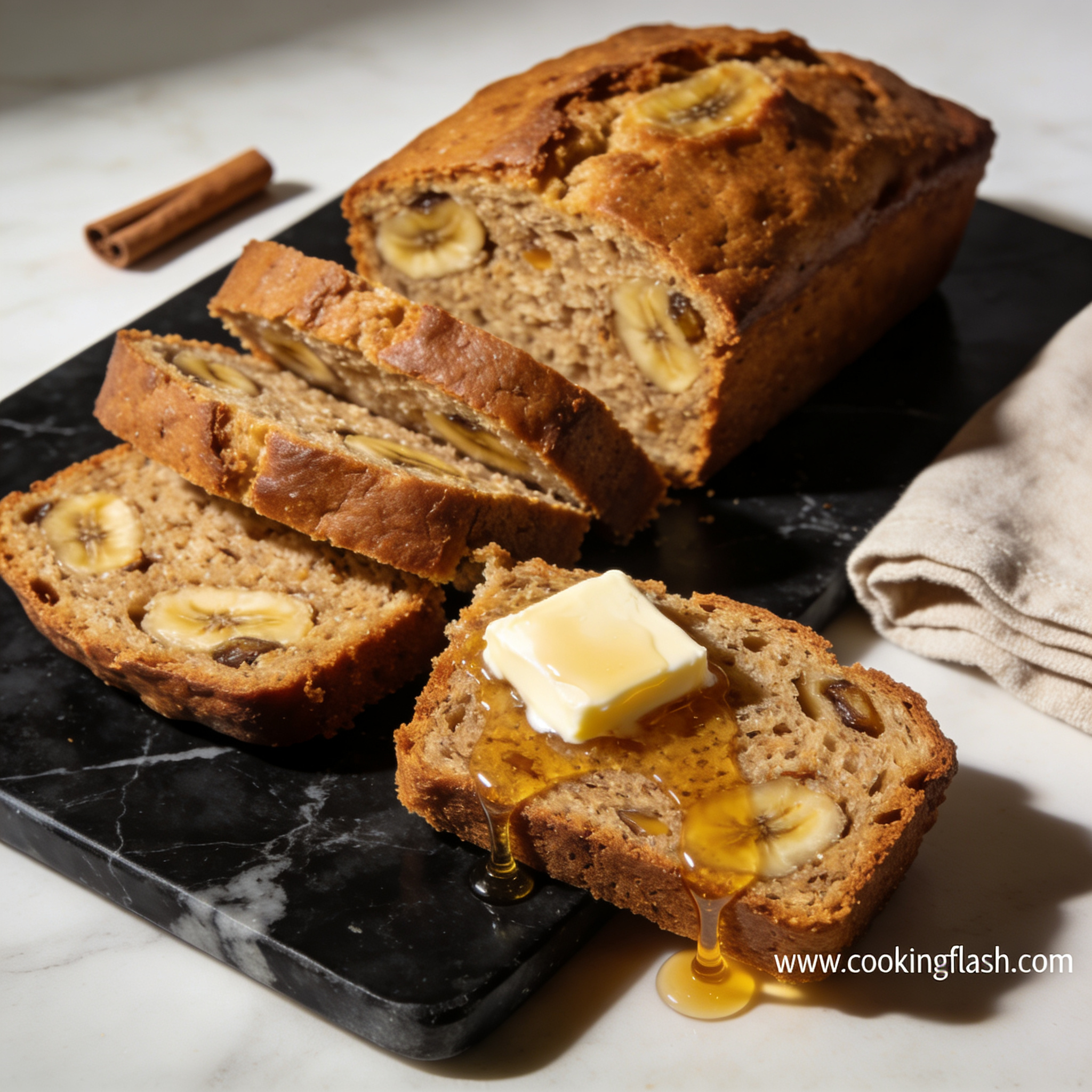 easy gluten free banana bread recipe with honey hero shot showing sliced loaf with melting butter and honey drizzle on black marble