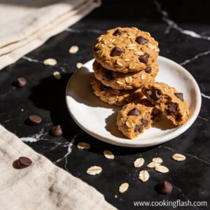 Beautifully plated no bake peanut butter cookies with chocolate chips stacked on black marble countertop