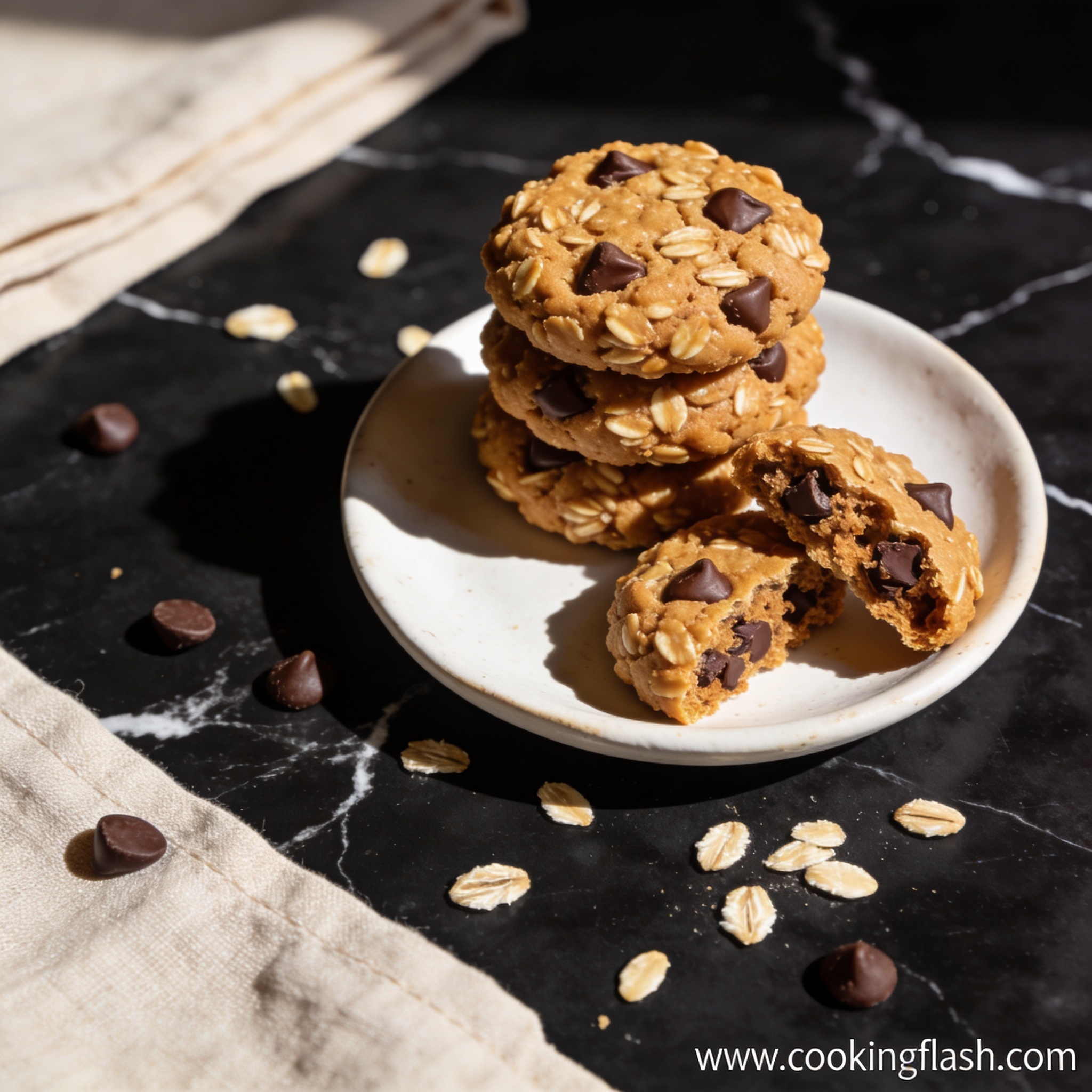 Beautifully plated no bake peanut butter cookies with chocolate chips stacked on black marble countertop