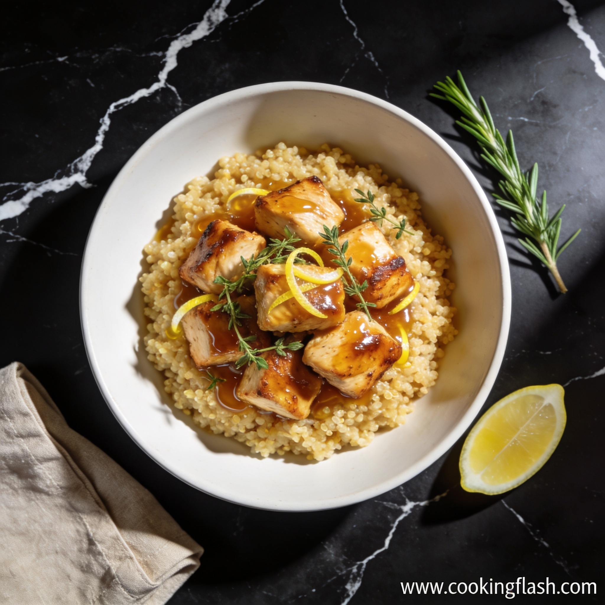 Beautifully plated air fryer lemon herb quinoa chicken bowl with honey on black marble countertop, hero angle