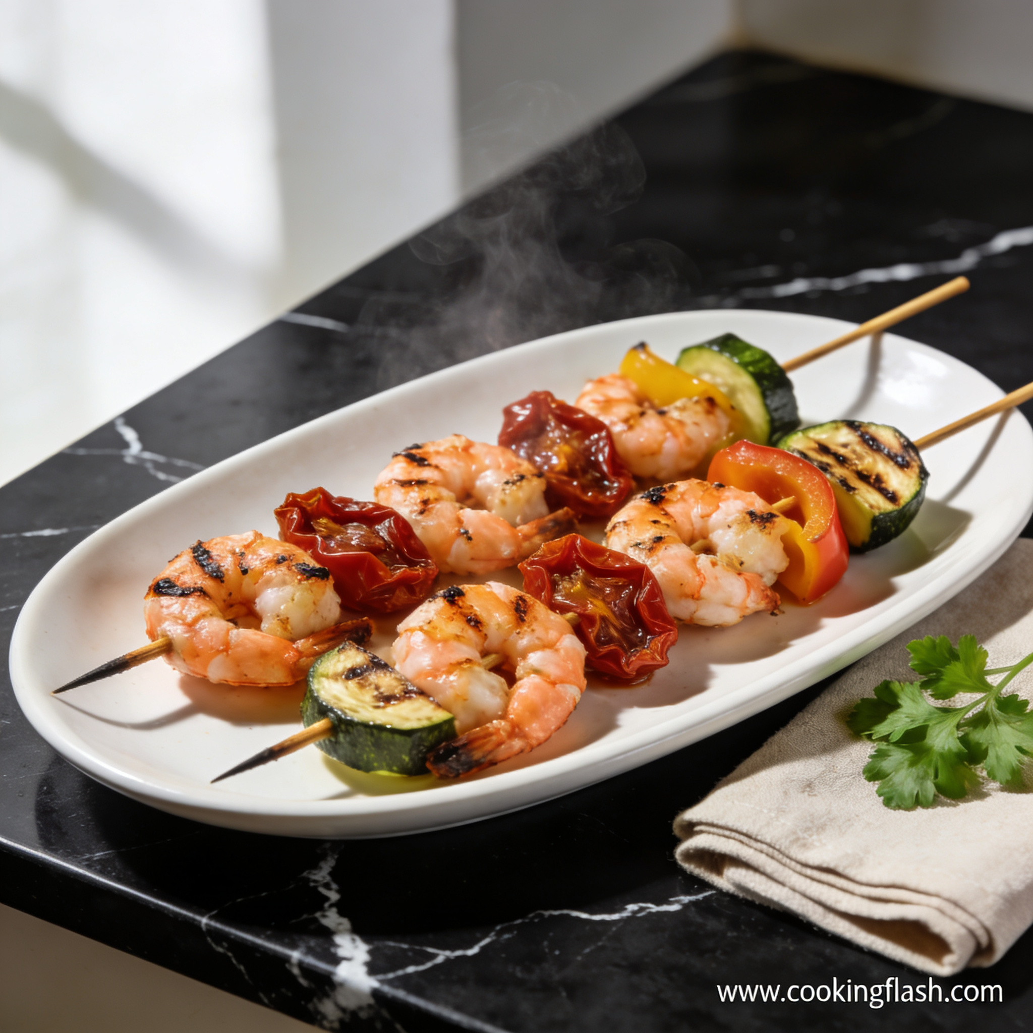 Beautifully plated grilled shrimp and vegetable skewers with sun dried tomatoes on white platter against black marble countertop