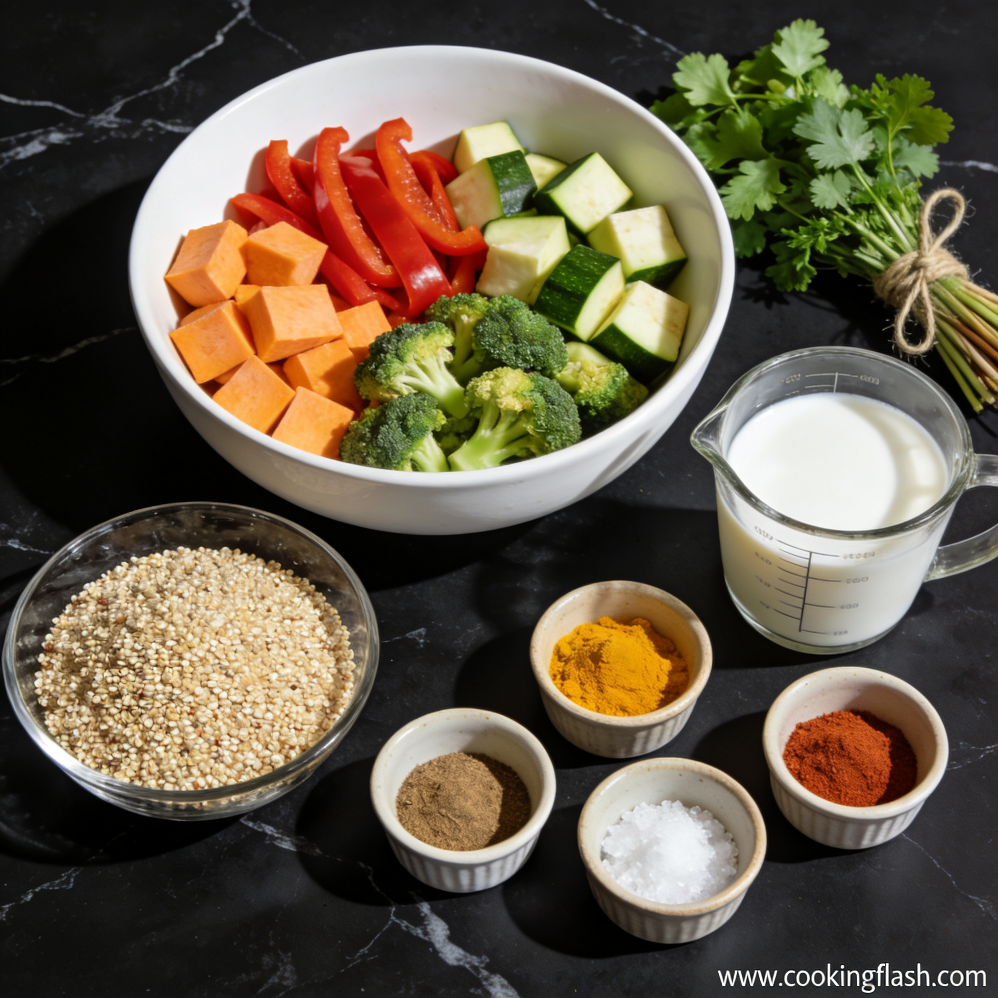 All ingredients for roasted air fryer vegetable quinoa bowl with coconut milk arranged in proper containers on black marble