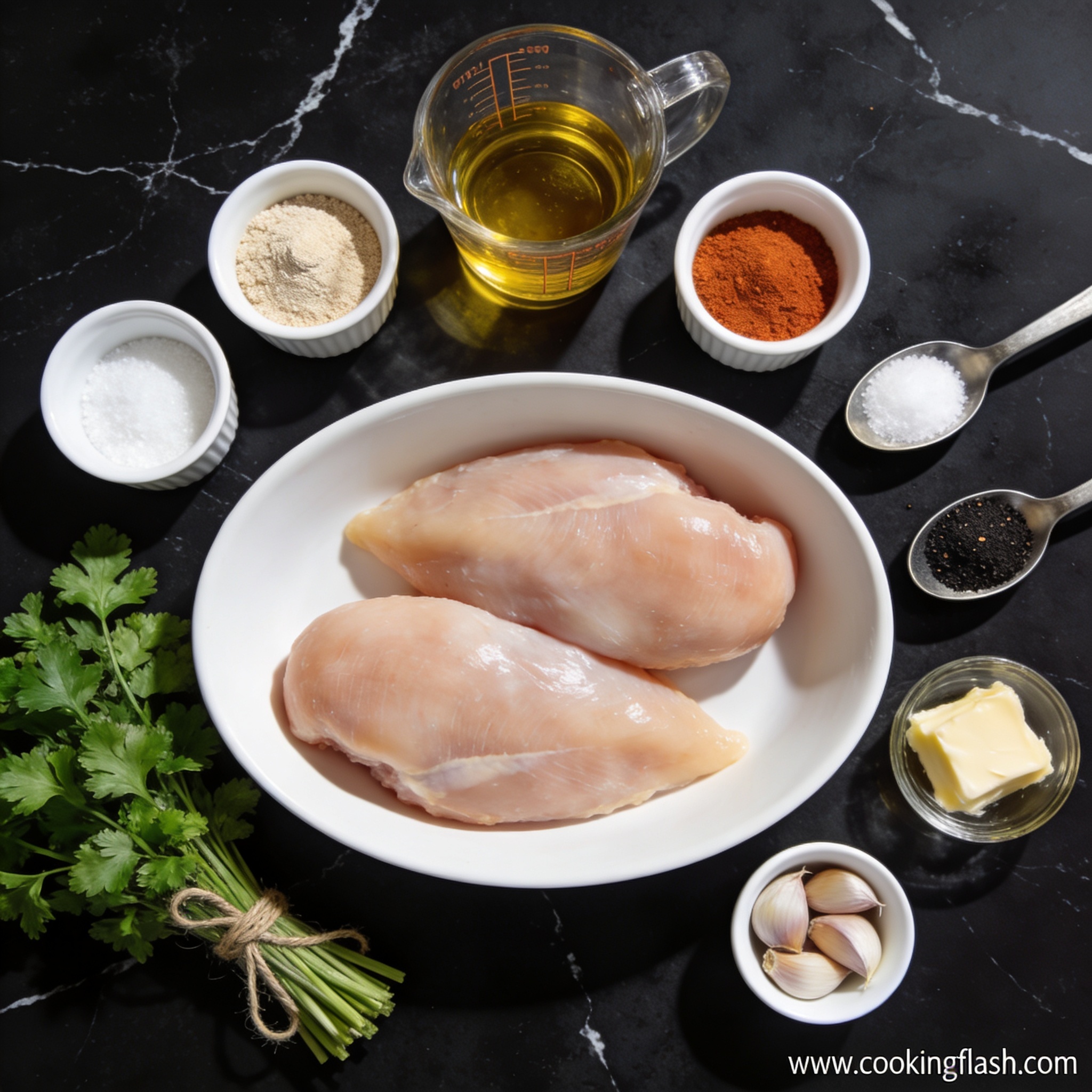 Raw ingredients for air fryer crispy chicken breast with garlic butter arranged in proper containers on black marble