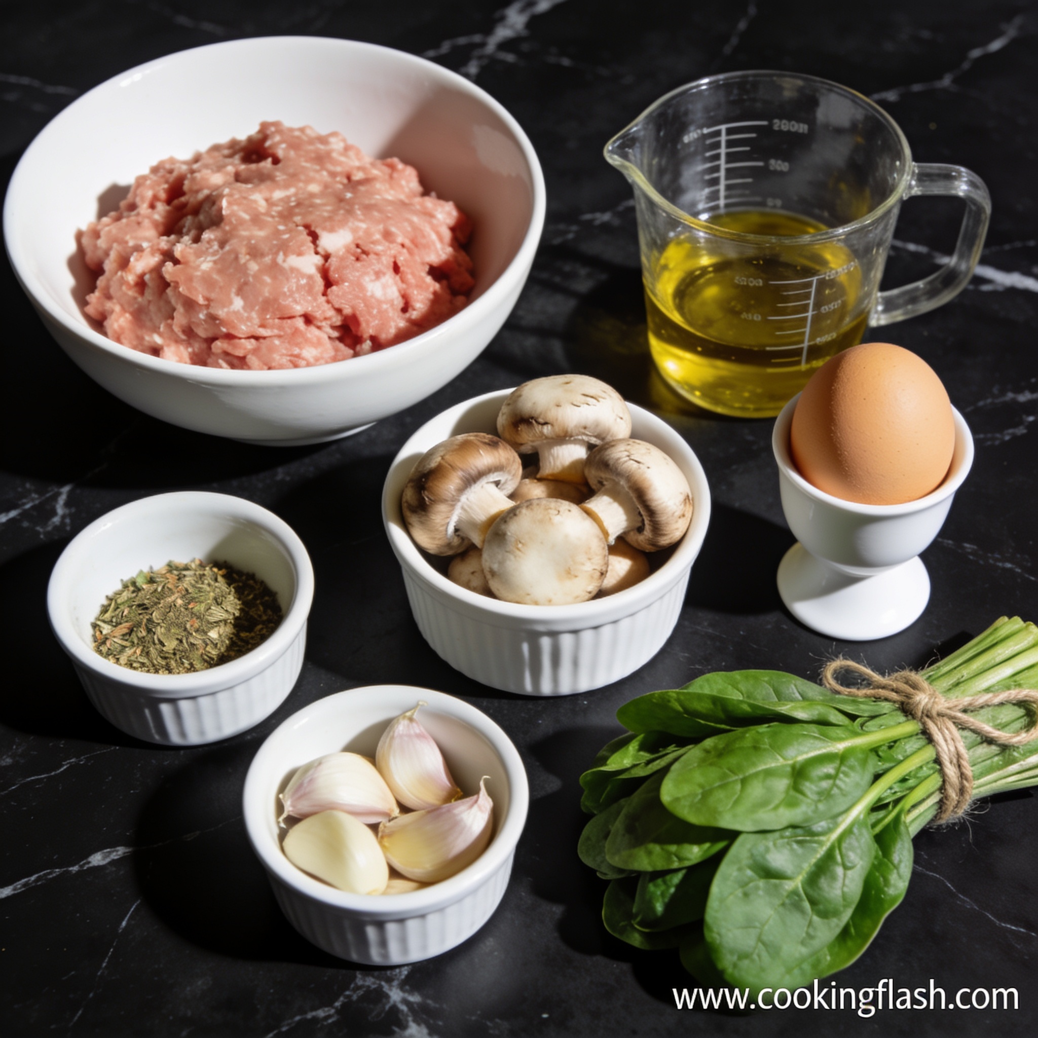 Raw ingredients for gluten free chicken and mushroom meatballs with spinach arranged on black marble