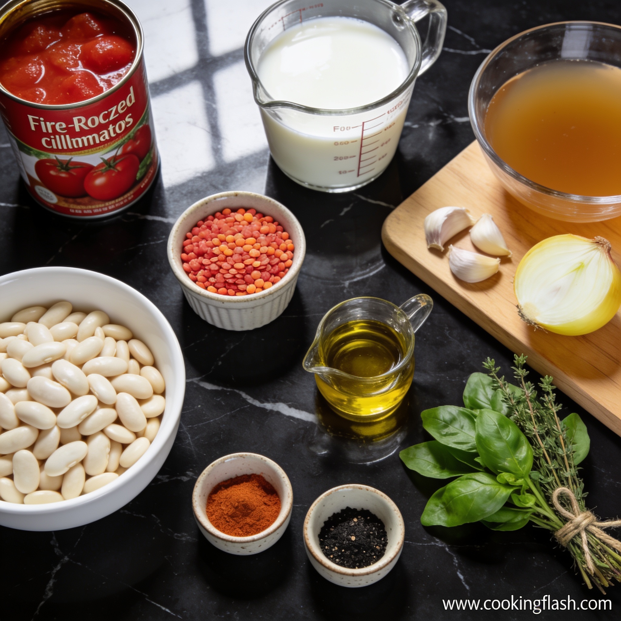 All ingredients for high protein creamy tomato soup with coconut milk arranged in proper containers on black marble