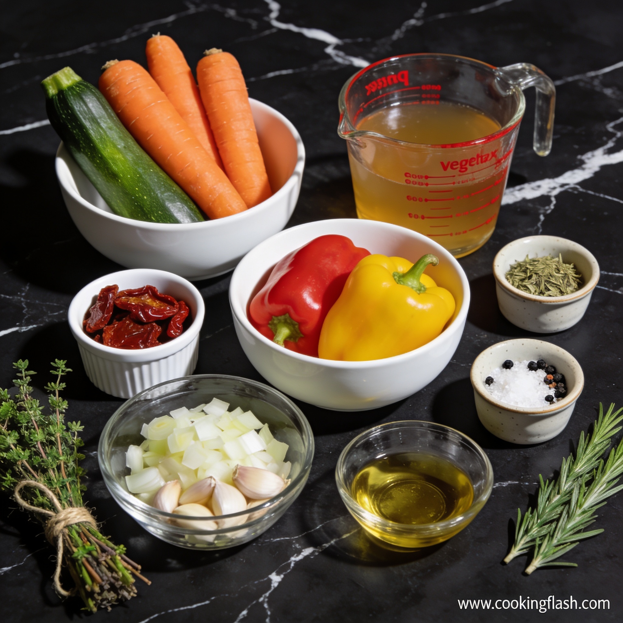Raw ingredients for gluten free roasted vegetable soup with sun dried tomatoes arranged in white bowls and ceramic ramekins on black marble