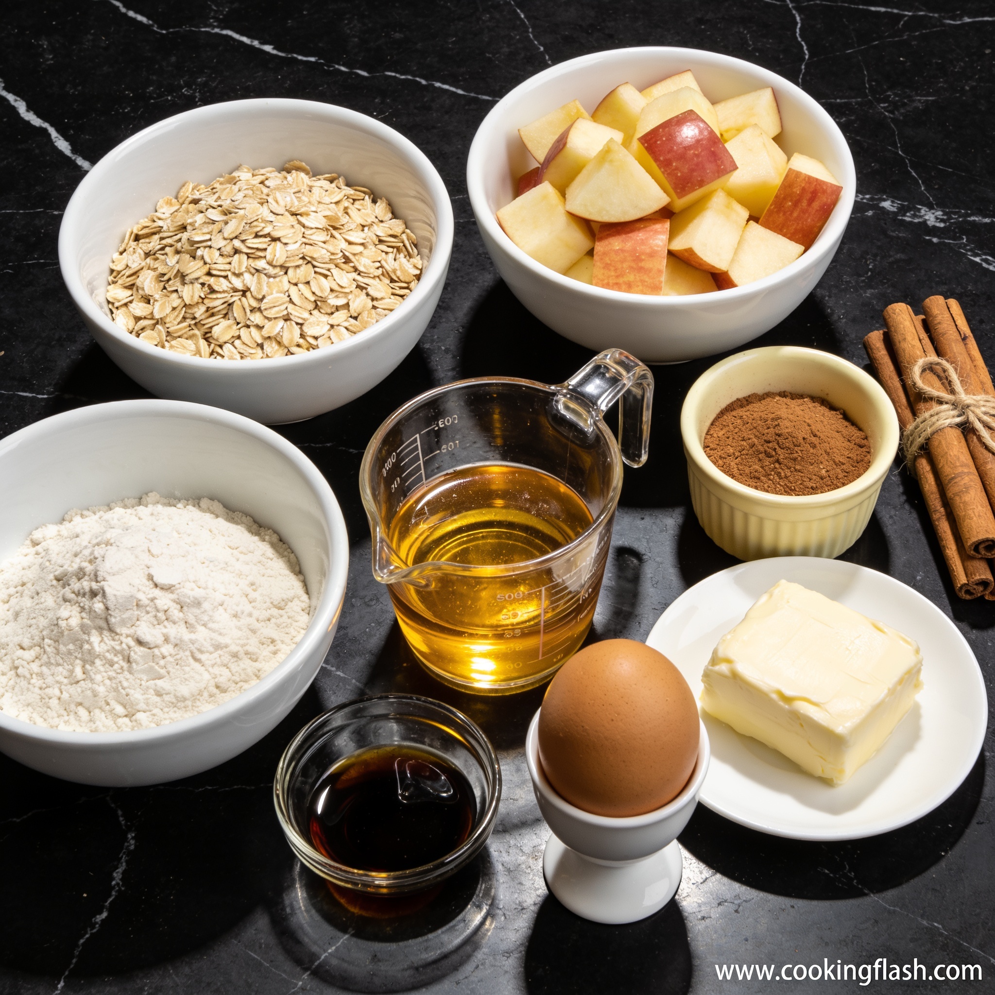 Raw ingredients for air fryer cinnamon apple oatmeal cookies with honey in proper containers on black marble countertop