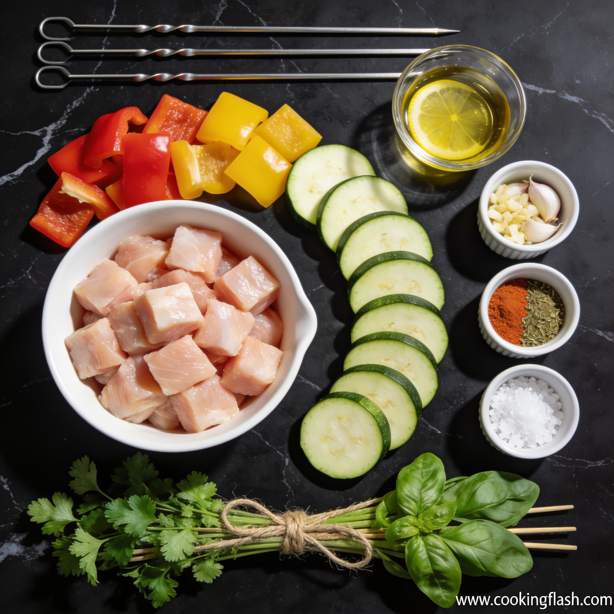 Raw ingredients for gluten free chicken and vegetable kebabs with zucchini arranged in proper containers on black marble