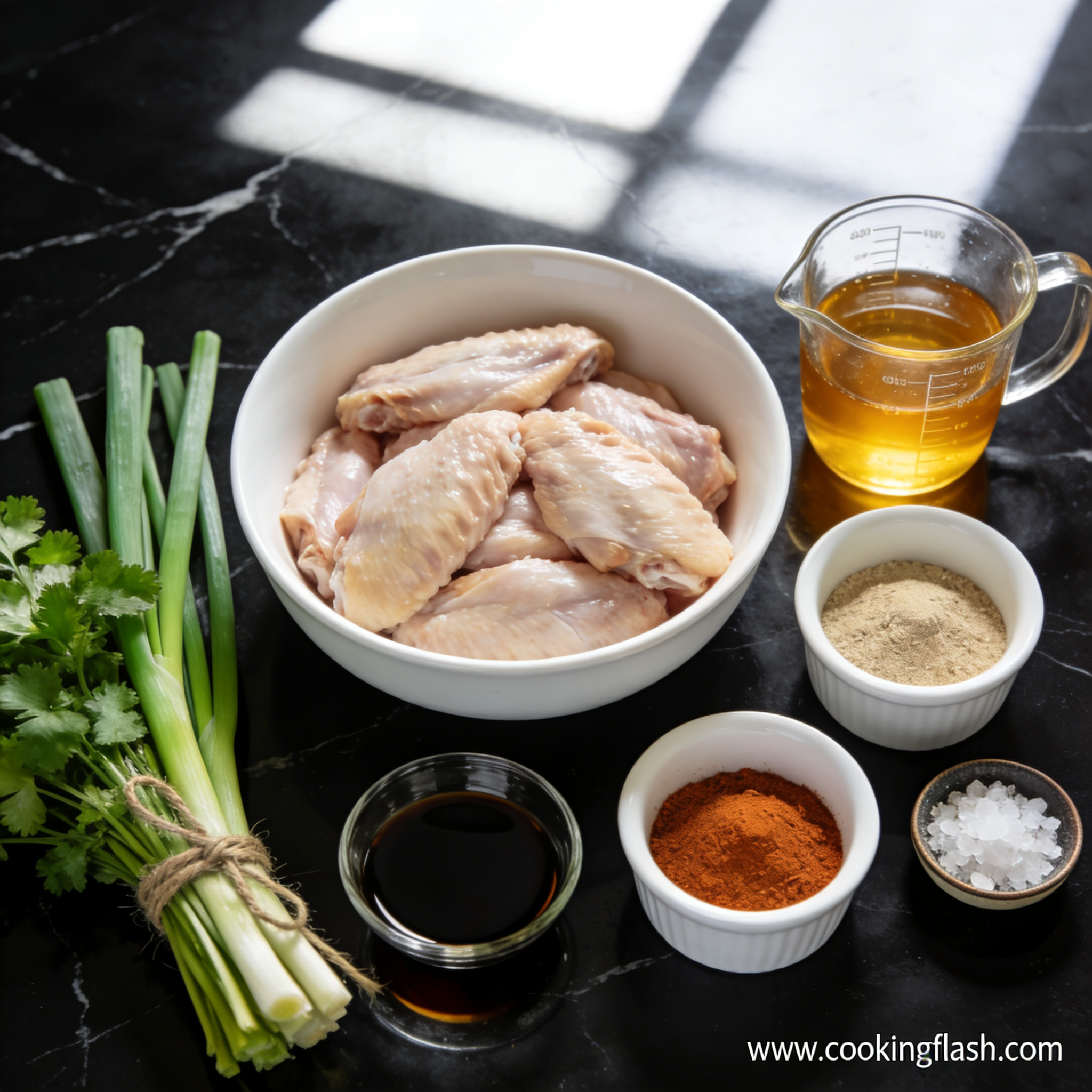 Raw ingredients for honey air fryer chicken wings arranged in proper containers on black marble surface