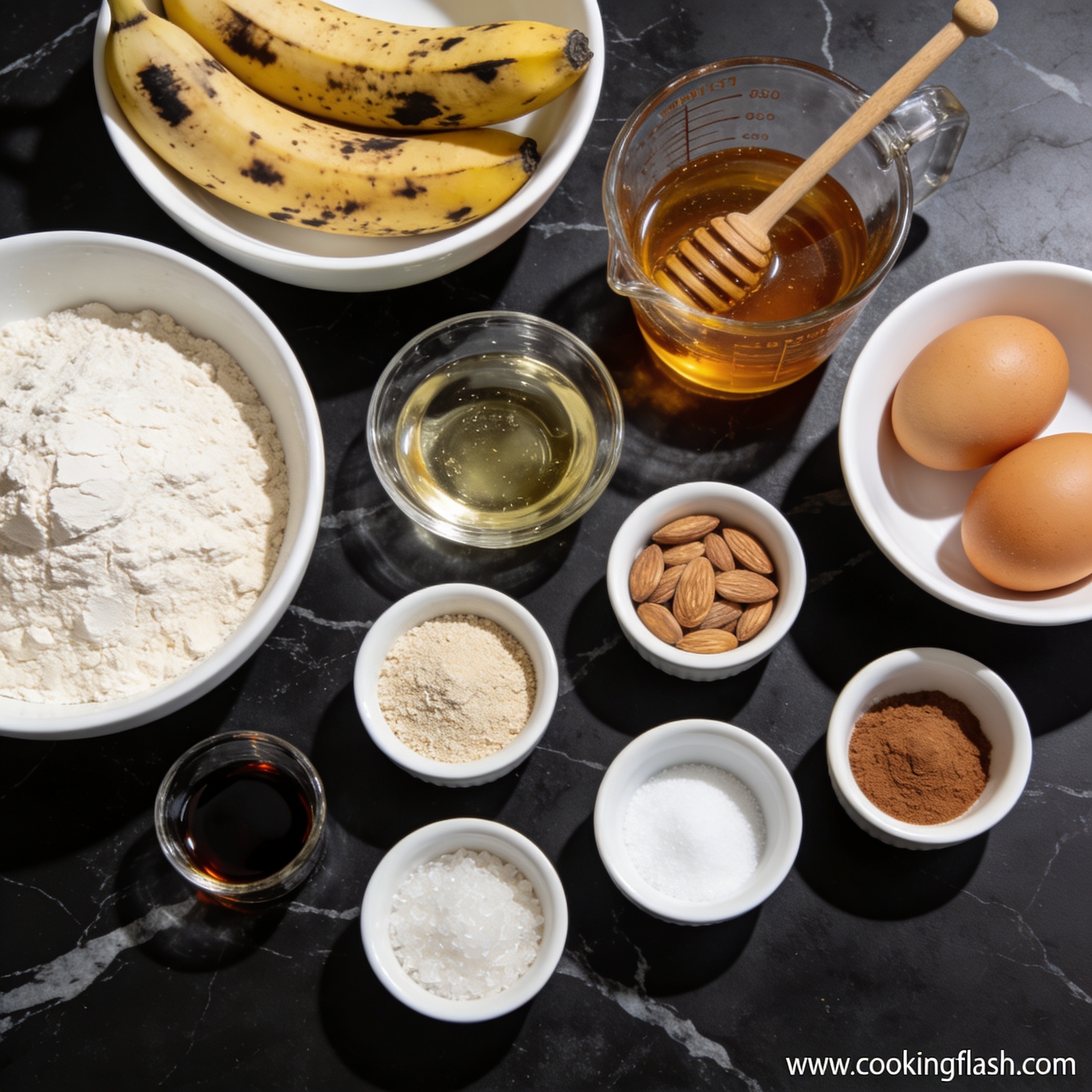 All ingredients for easy gluten free banana bread recipe with honey arranged in proper containers on black marble countertop