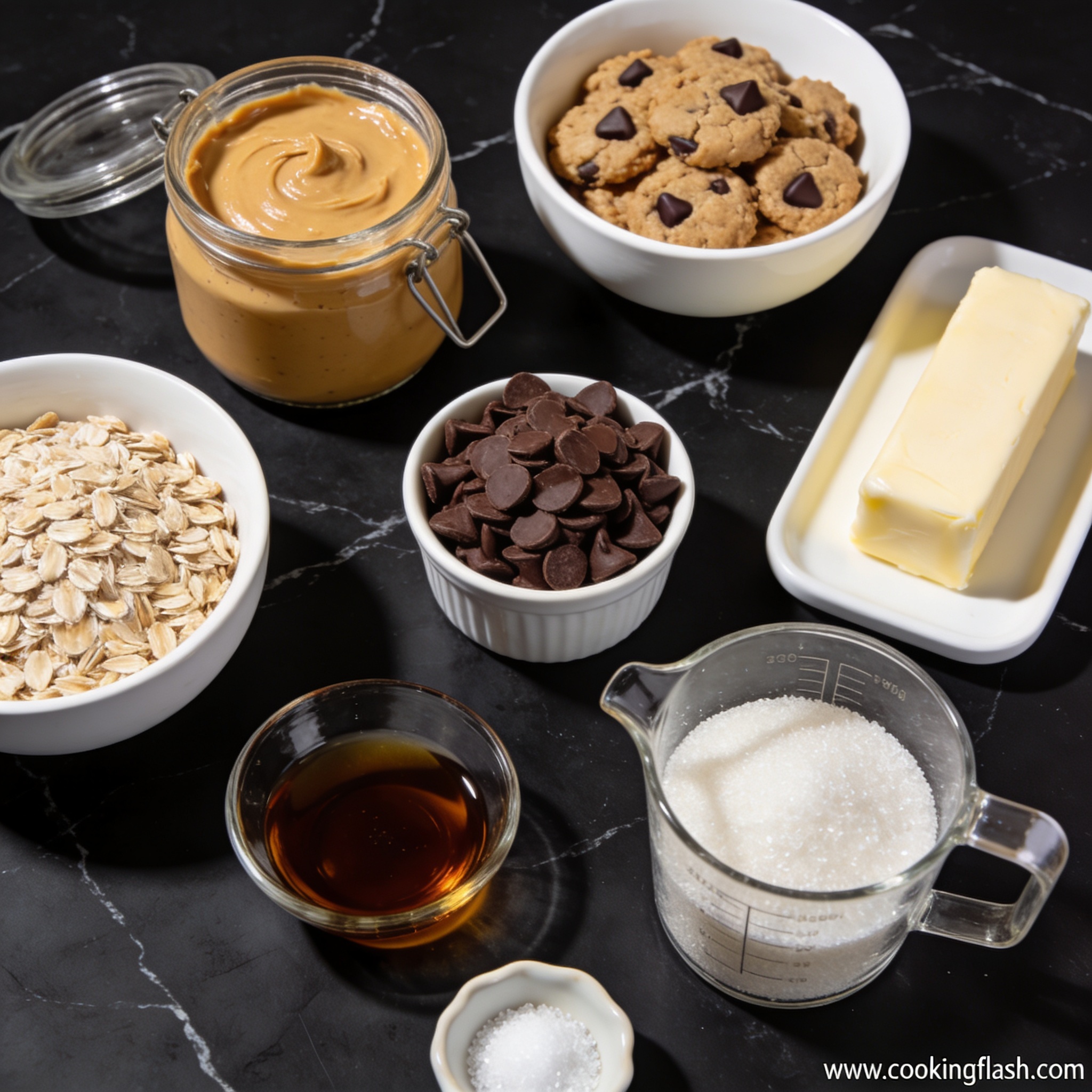 Raw ingredients for no bake peanut butter cookies with chocolate chips in proper containers on black marble