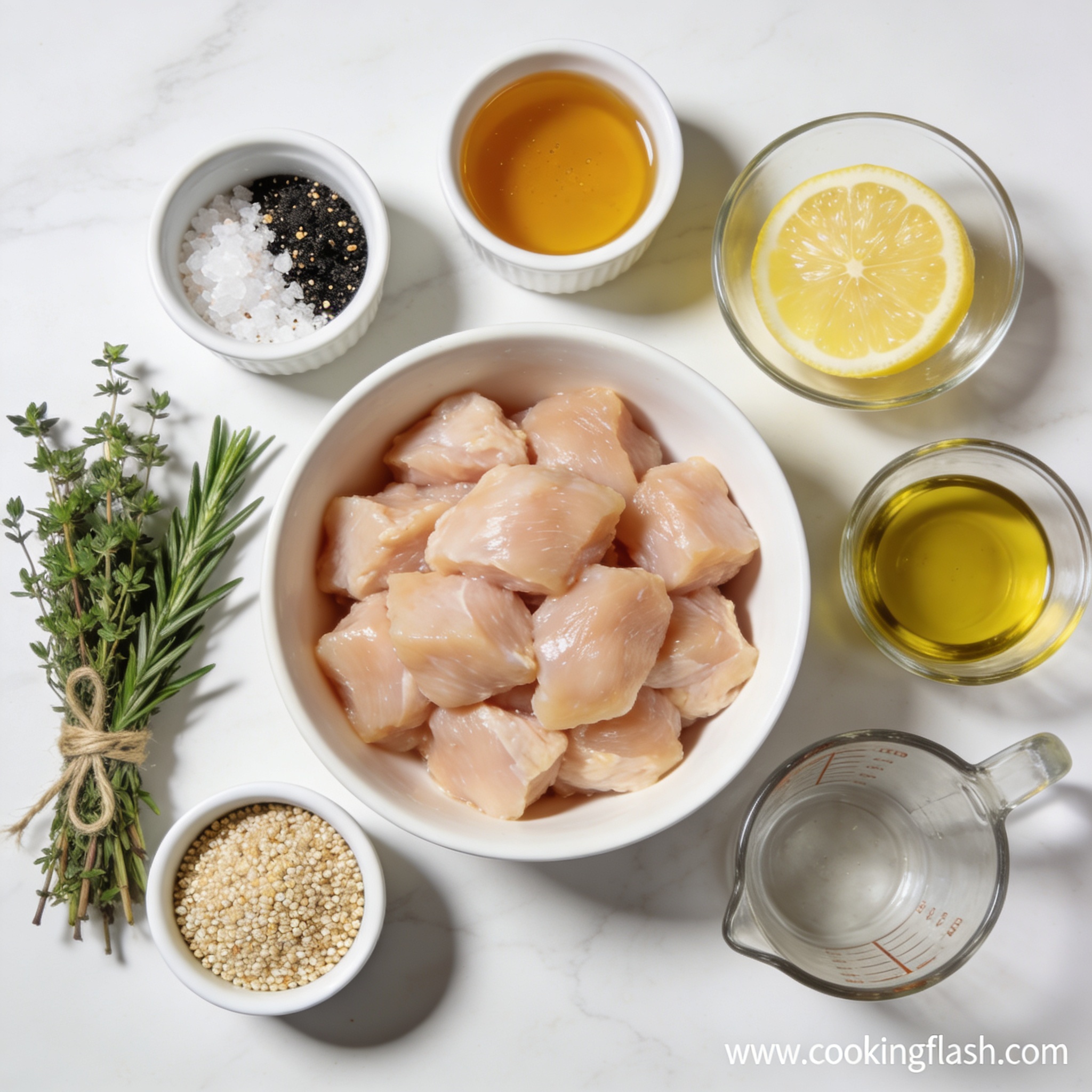 Raw ingredients for air fryer lemon herb quinoa chicken bowl with honey arranged in proper containers on white marble