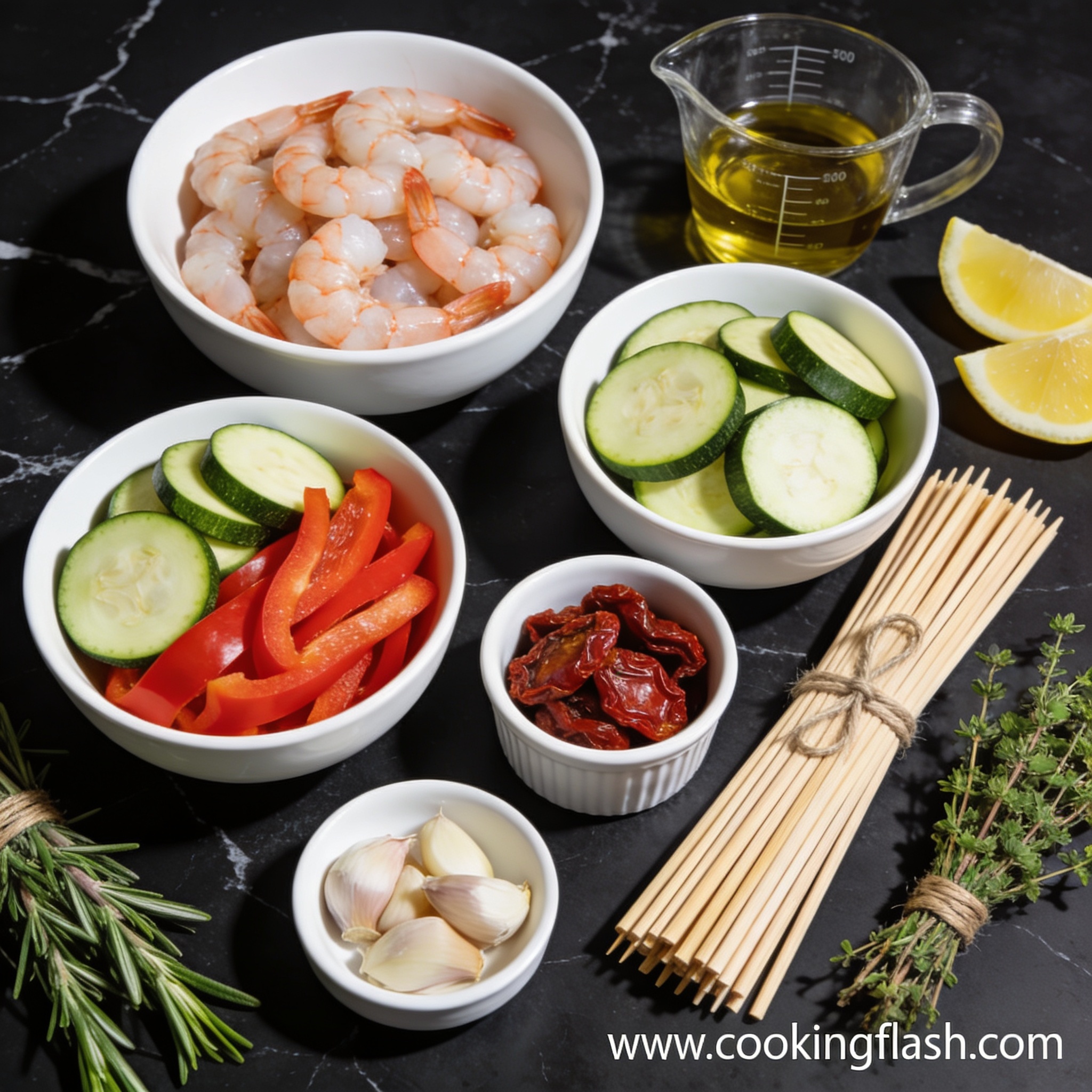 Overhead flat lay of raw shrimp, zucchini, bell peppers, sun dried tomatoes, and marinade ingredients in proper containers on black marble